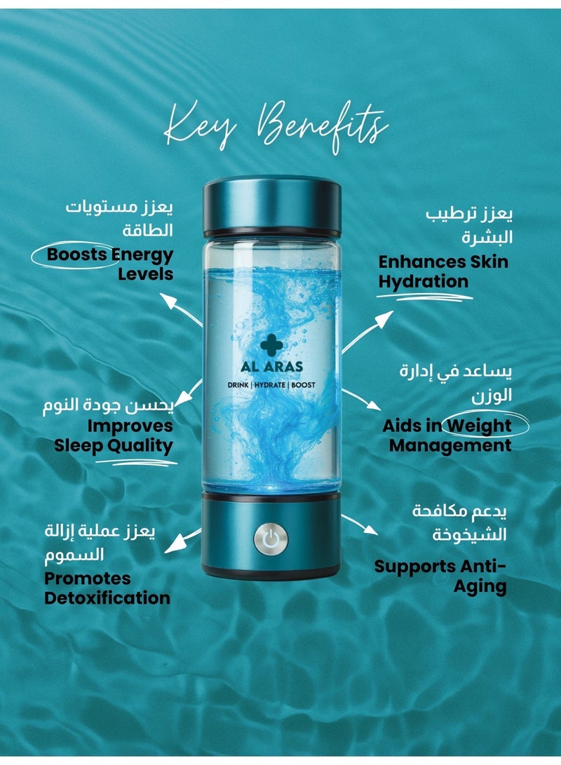 Al Aras Hydrogen Water Bottle Generator – 2200PPB | Portable Rechargeable SPE/PEM Hydrogen Water Maker, 420ml, Type-C, For Home Office Travel & Fitness - Image 5